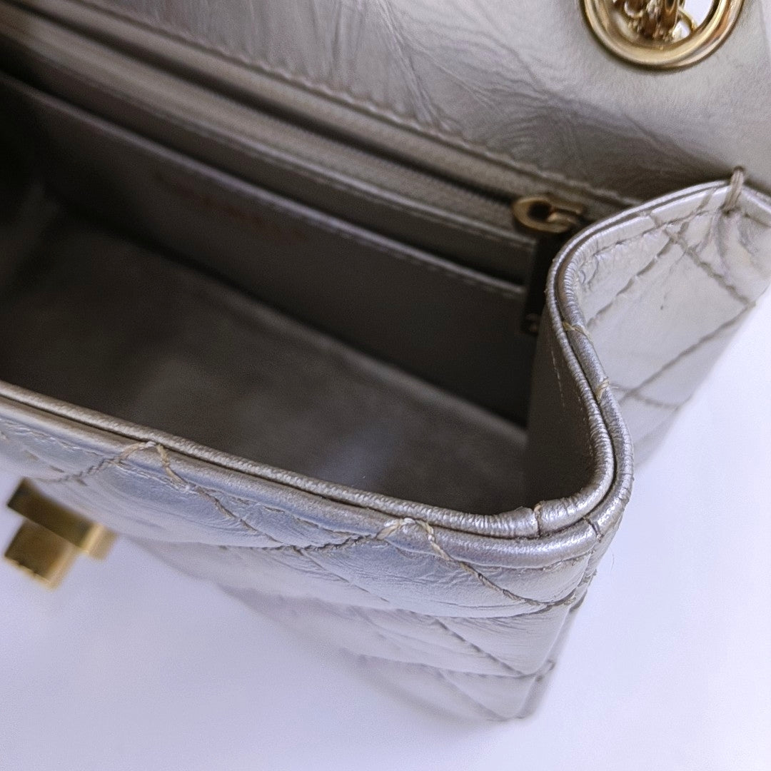 CHANEL 2.55 Small Silver Leather Quilted Chain Shoulder Bag with Gold Hardware, 30 Clasps-(SKU)-965946832