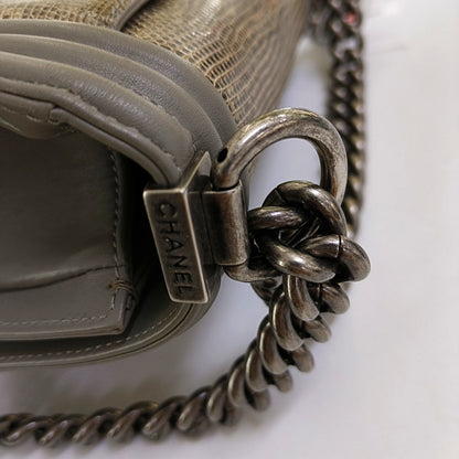 CHANEL BOY CHANEL small size grey lizard skin quilted crossbody bag with 19 chain links, palladium hardware, detachable strap-(SKU)-967359971
