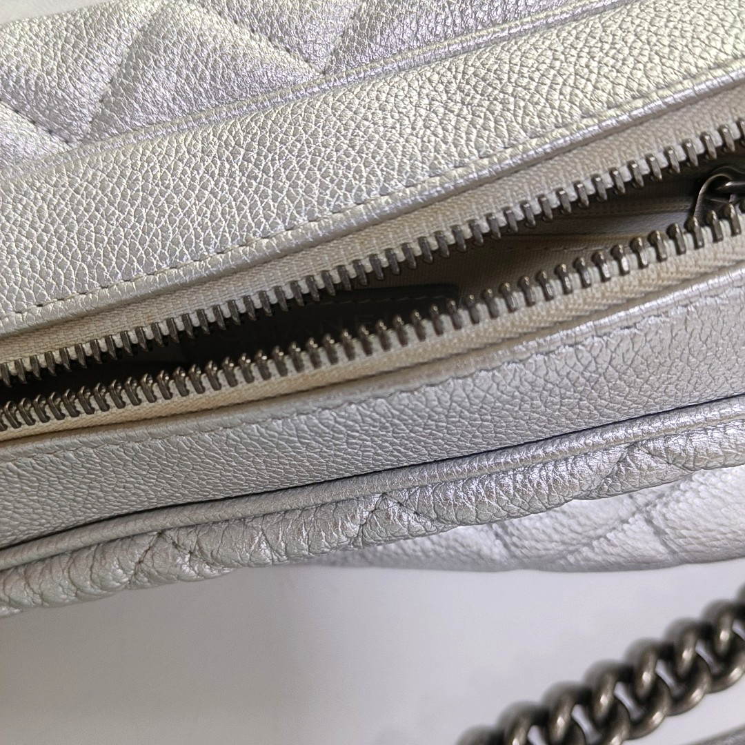 CHANEL CLASSIC FLAP Silver Calfskin Quilted Shoulder Bag with Palladium Hardware, 22 compartments-(SKU)-946659877