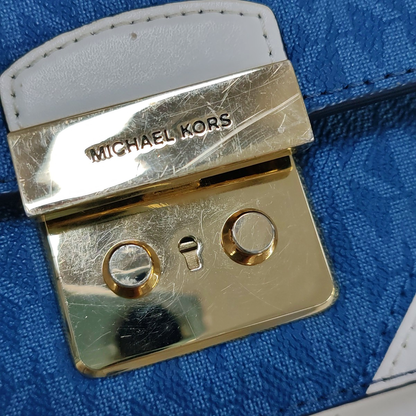 MICHAEL KORS Sloan Editor Blue Coated Canvas Monogrammed Crossbody Bag with Shoulder Strap and Handbag Golden hardware Removable shoulder strap-(SKU)-951791936