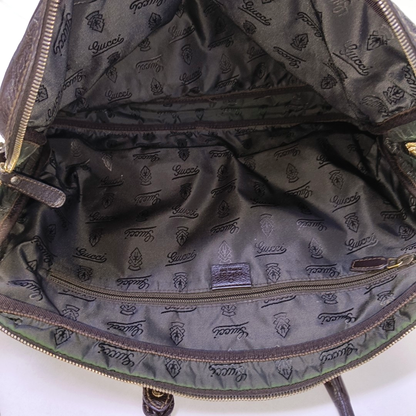 GUCCI Dark Brown Leather Vintage Embossed Tote Shoulder Bag Golden hardware-(SKU)-952168217
