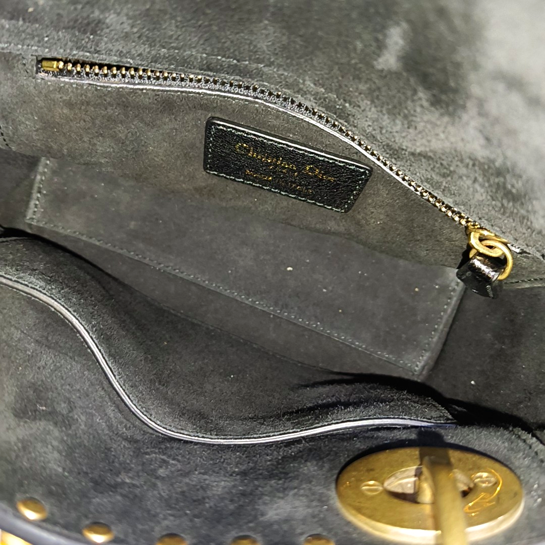 DIOR Lady Dior Mini Black Suede Leather Studded Fringe Crossbody Bag with Gold Hardware, Detachable Strap-(SKU)-961788599