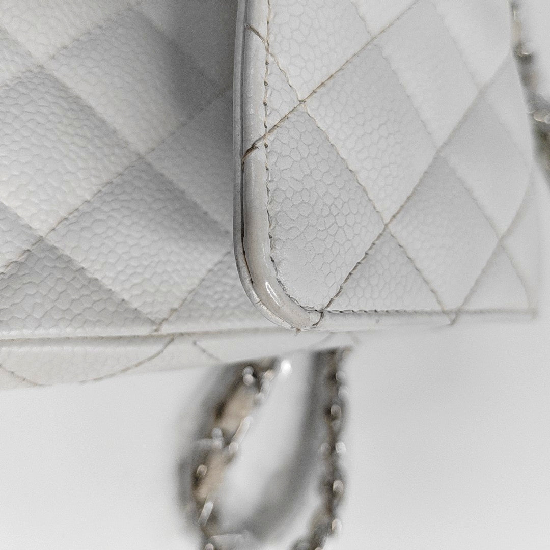 CHANEL CLASSIC FLAP Medium White Quilted Leather Grained Single Shoulder Bag Crossbody Bag with Silver Hardware 12 opening-(SKU)-961743438
