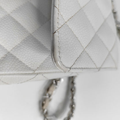 CHANEL CLASSIC FLAP Medium White Quilted Leather Grained Single Shoulder Bag Crossbody Bag with Silver Hardware 12 opening-(SKU)-961743438