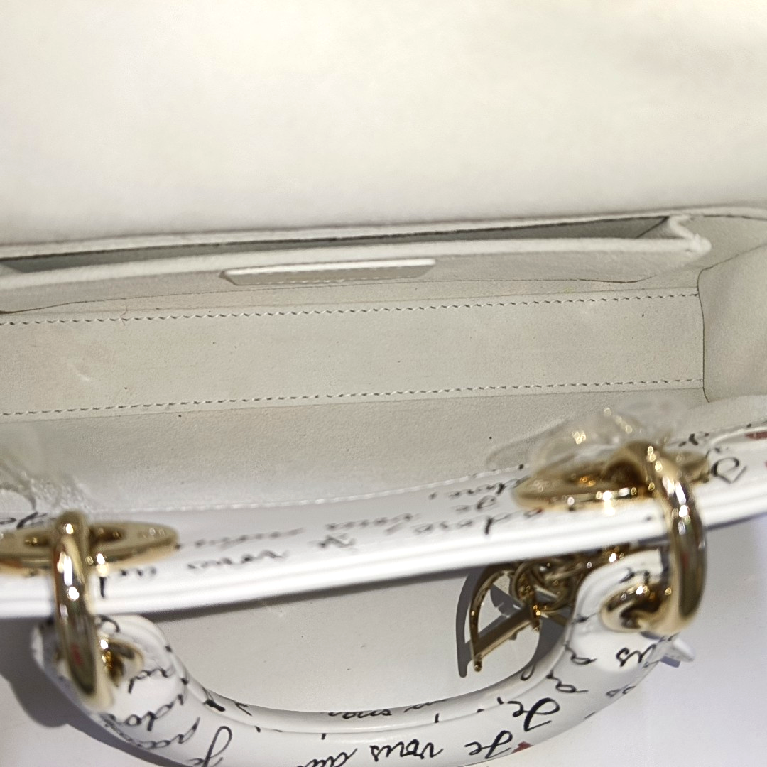 DIOR Lady D-Joy Small White Leather Printed Crossbody Bag Single Shoulder Bag with Gold Red Hardware 2 Removable Shoulder Straps-(SKU)-950358762