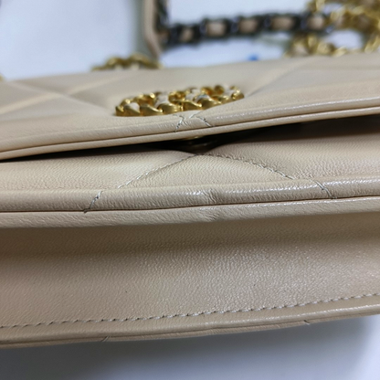 CHANEL CHANEL 19 WOC Beige Lamb Skin Quilted Stitched Crossbody Shoulder Bag Handbag Tote Bag Golden Silver Rhodium Hardware 31 Clasp-(SKU)-949178375