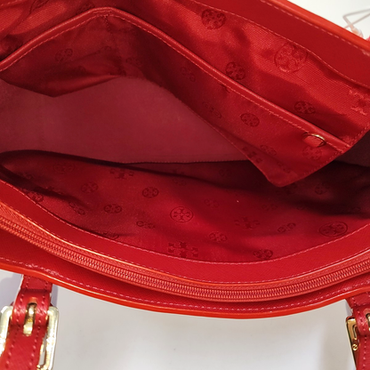 TORY BURCH York Red Leather Embossed Single Shoulder Bag Tote Bag Silver Hardware shoulder straps-(SKU)-944533691