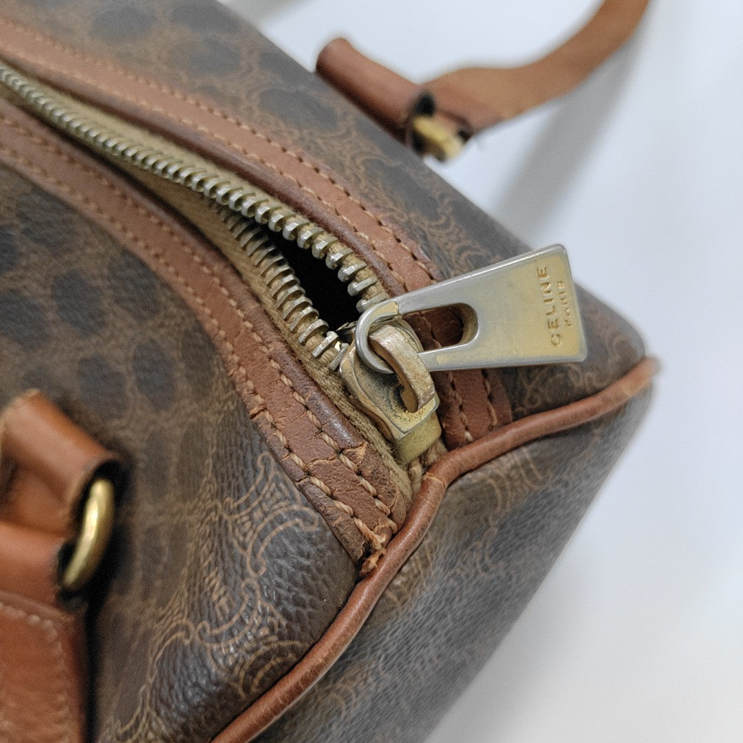 CELINE MACADAM BOSTON Brown Coated Canvas Monogrammed Single Shoulder Bag Golden hardware-(SKU)-933287333