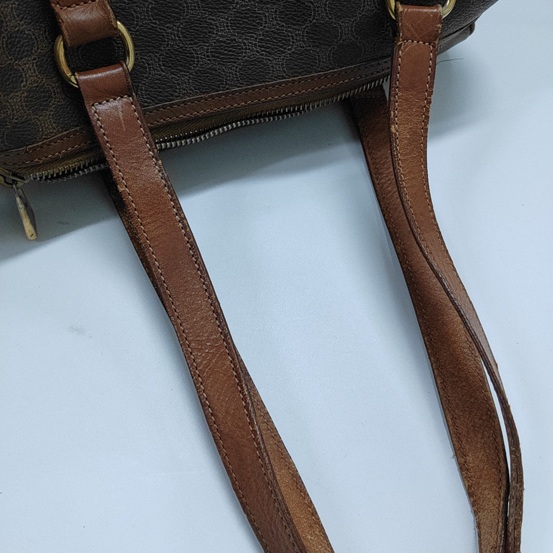 CELINE MACADAM BOSTON Brown Coated Canvas Monogrammed Single Shoulder Bag Golden hardware-(SKU)-933287333