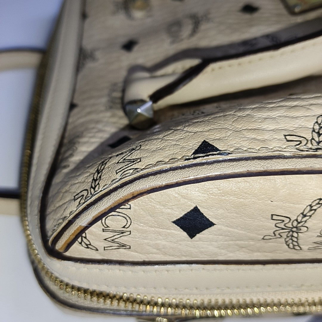 MCM ESSENTIAL Beige Coated Canvas Monogram Single Shoulder Bag Handbag Crossbody Golden hardware Removable shoulder strap-(SKU)-941521981