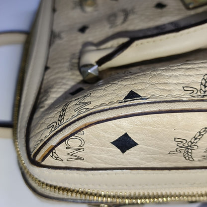 MCM ESSENTIAL Beige Coated Canvas Monogram Single Shoulder Bag Handbag Crossbody Golden hardware Removable shoulder strap-(SKU)-941521981