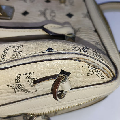 MCM ESSENTIAL Beige Coated Canvas Monogram Single Shoulder Bag Handbag Crossbody Golden hardware Removable shoulder strap-(SKU)-941521981