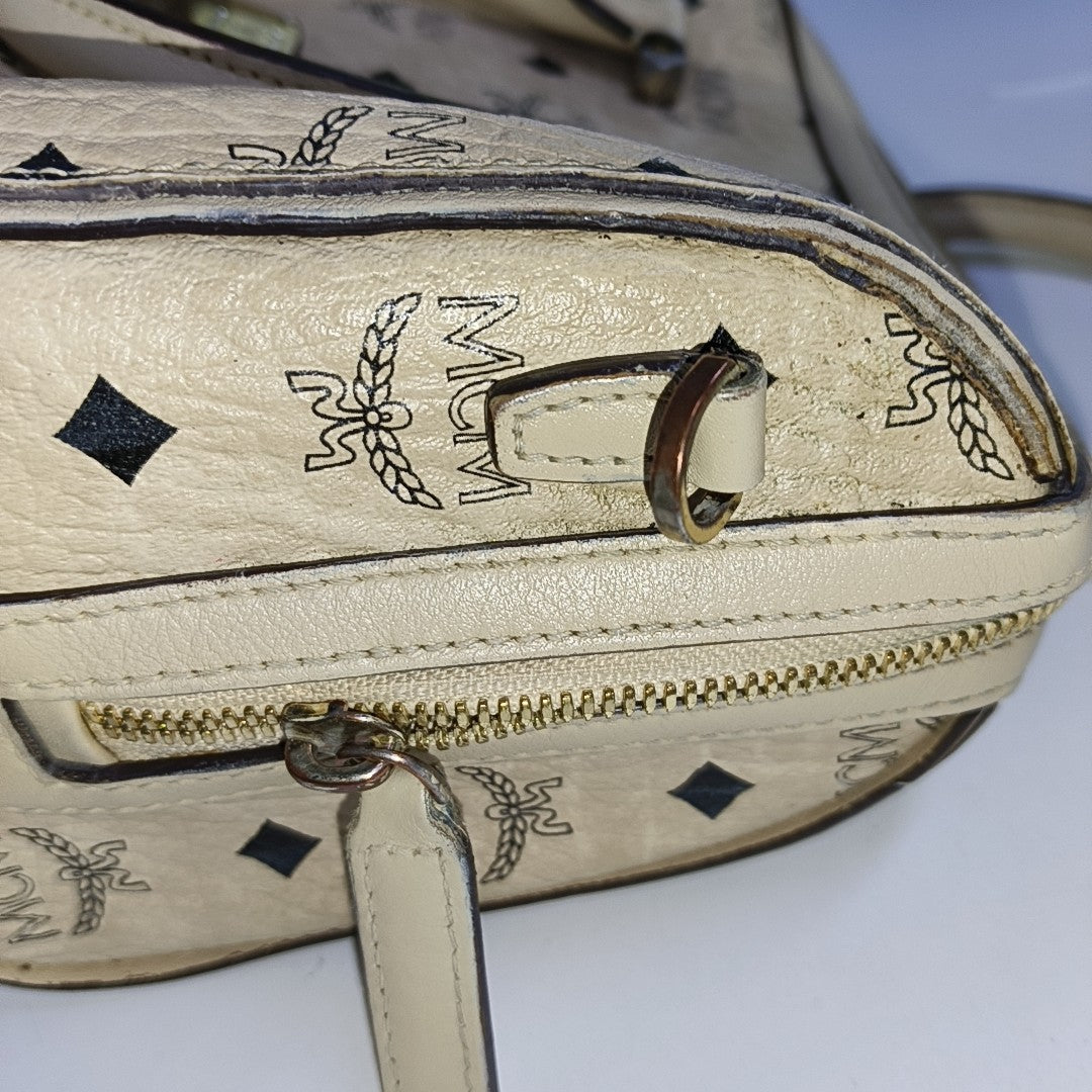 MCM ESSENTIAL Beige Coated Canvas Monogram Single Shoulder Bag Handbag Crossbody Golden hardware Removable shoulder strap-(SKU)-941521981