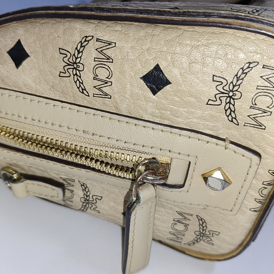 MCM ESSENTIAL Beige Coated Canvas Monogram Single Shoulder Bag Handbag Crossbody Golden hardware Removable shoulder strap-(SKU)-941521981