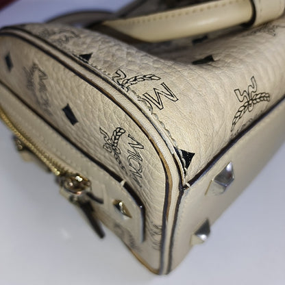 MCM ESSENTIAL Beige Coated Canvas Monogram Single Shoulder Bag Handbag Crossbody Golden hardware Removable shoulder strap-(SKU)-941521981