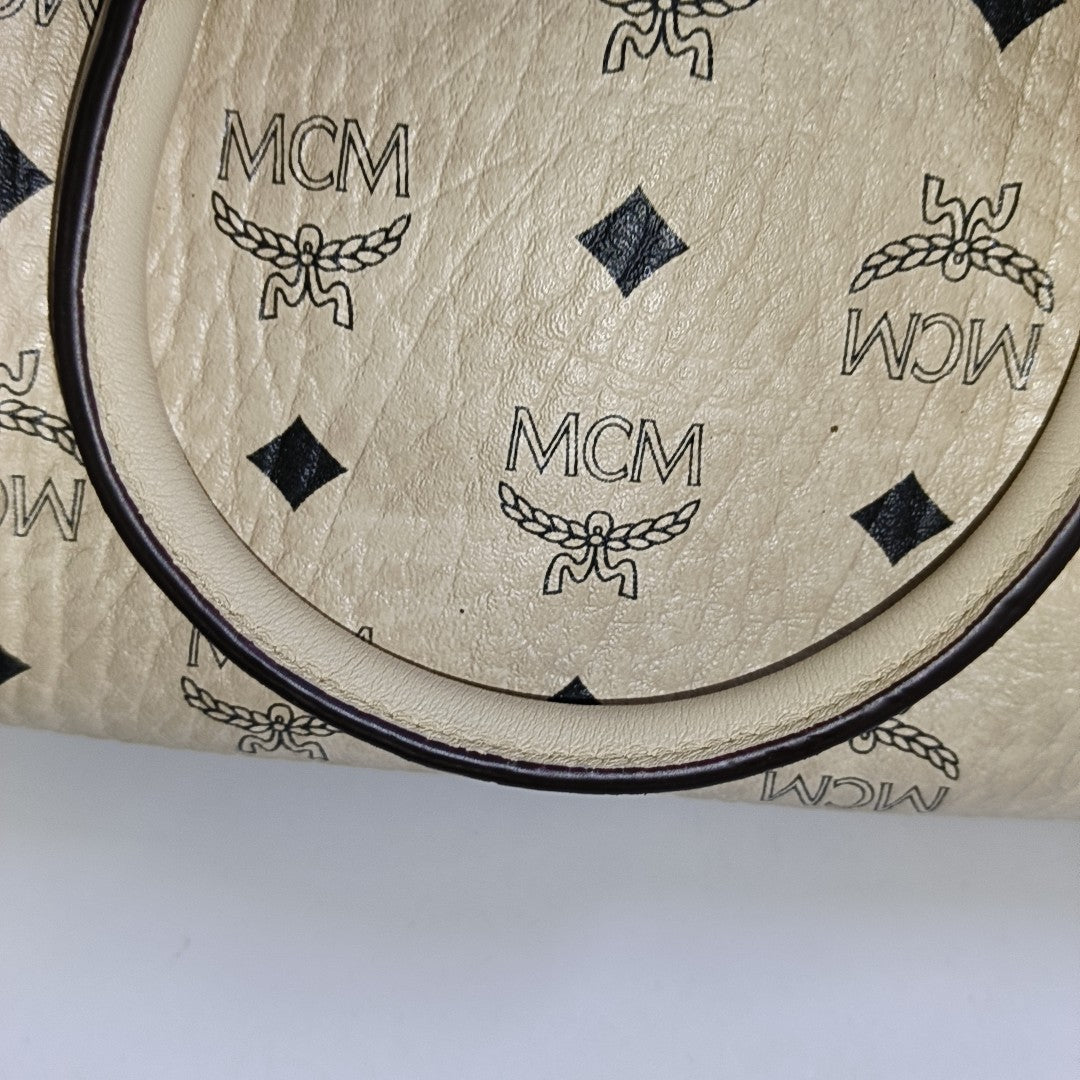 MCM ESSENTIAL Beige Coated Canvas Monogram Single Shoulder Bag Handbag Crossbody Golden hardware Removable shoulder strap-(SKU)-941521981