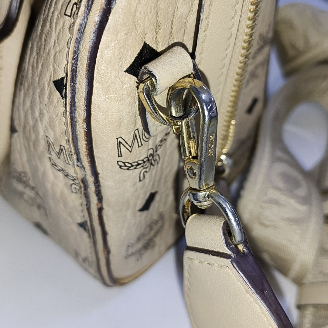 MCM ESSENTIAL Beige Coated Canvas Monogram Single Shoulder Bag Handbag Crossbody Golden hardware Removable shoulder strap-(SKU)-941521981