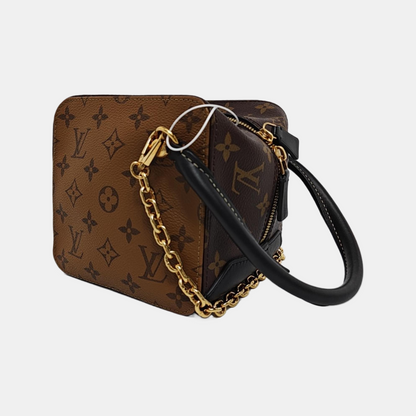 LOUIS VUITTON SQUARE brown coated canvas Monogram shoulder bag, handbag with silver hardware and detachable strap-(SKU)-945818598
