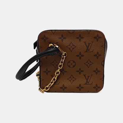 LOUIS VUITTON SQUARE brown coated canvas Monogram shoulder bag, handbag with silver hardware and detachable strap-(SKU)-945818598