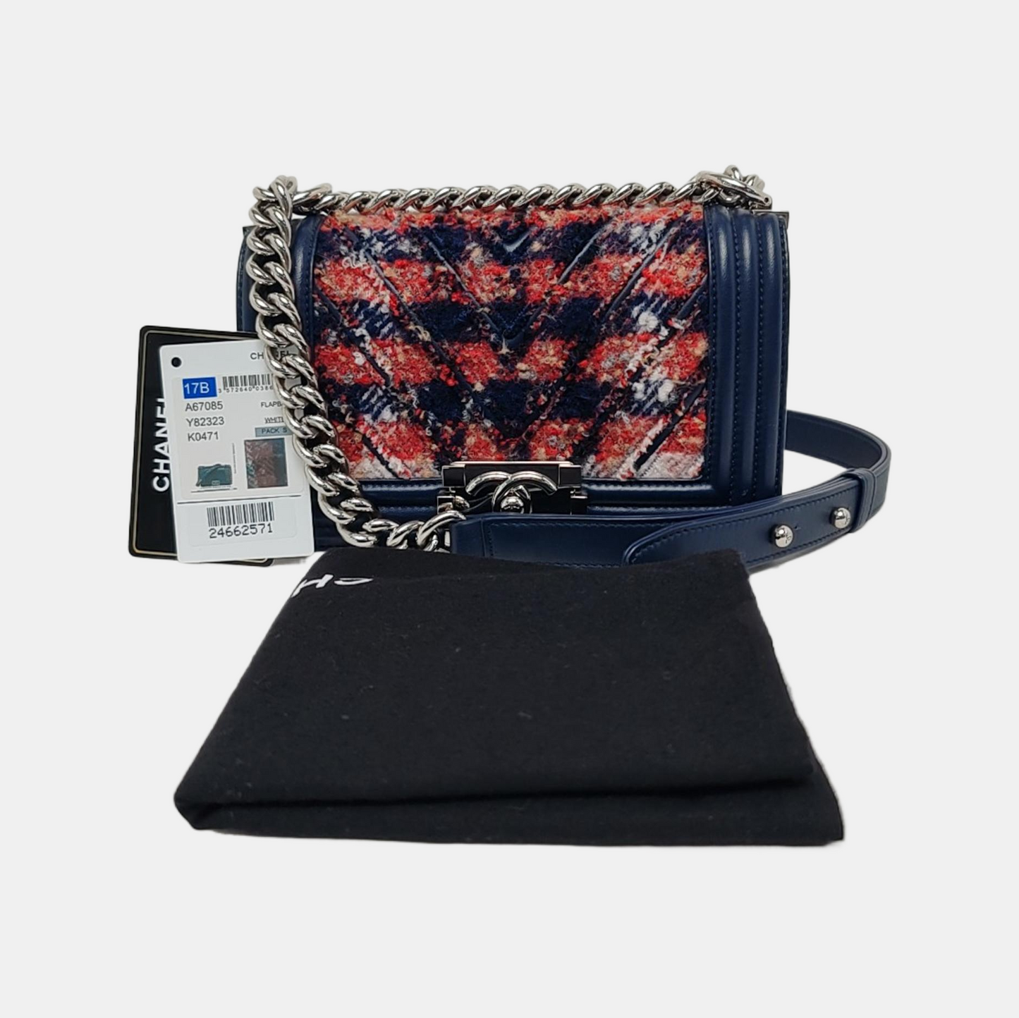 CHANEL BOY CHANEL Small Size Dark Blue Tweed Quilted V Pattern Crossbody Bag with Silver Hardware 24 Compartments Removable Shoulder Strap-(SKU)-946050754