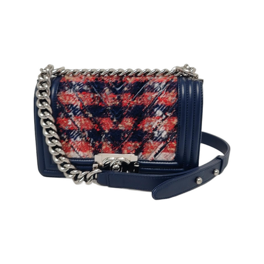 CHANEL BOY CHANEL Small Size Dark Blue Tweed Quilted V Pattern Crossbody Bag with Silver Hardware 24 Compartments Removable Shoulder Strap-(SKU)-946050754