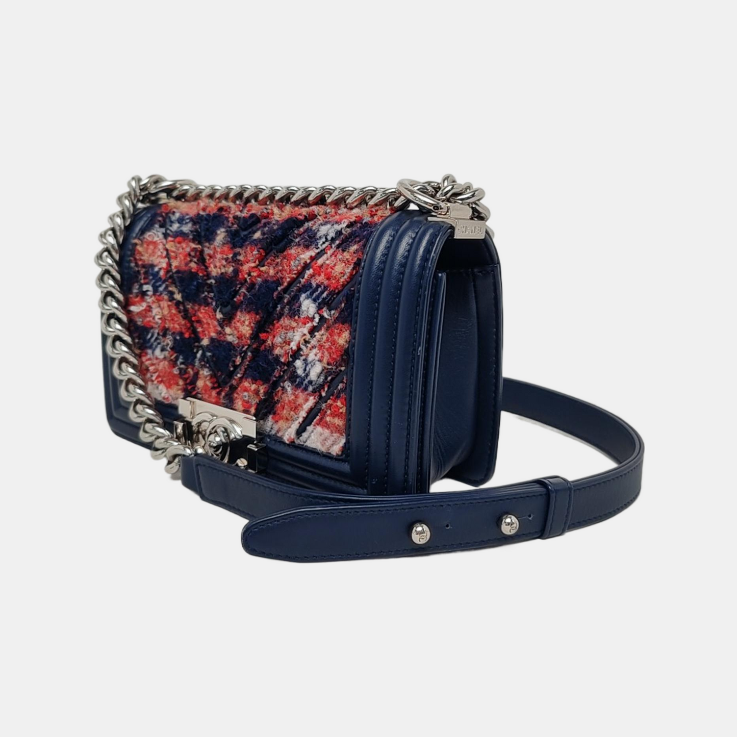 CHANEL BOY CHANEL Small Size Dark Blue Tweed Quilted V Pattern Crossbody Bag with Silver Hardware 24 Compartments Removable Shoulder Strap-(SKU)-946050754