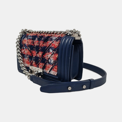 CHANEL BOY CHANEL Small Size Dark Blue Tweed Quilted V Pattern Crossbody Bag with Silver Hardware 24 Compartments Removable Shoulder Strap-(SKU)-946050754