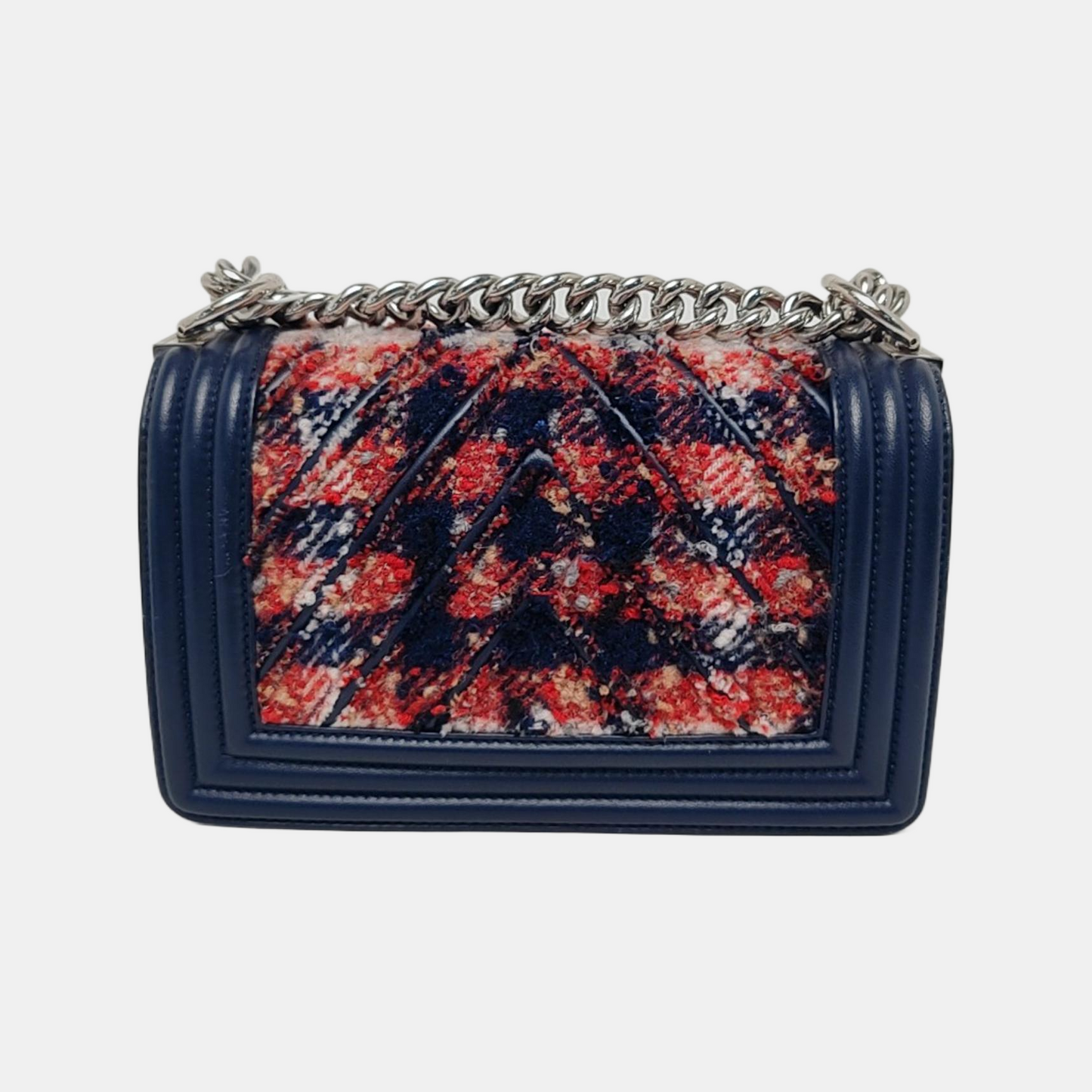 CHANEL BOY CHANEL Small Size Dark Blue Tweed Quilted V Pattern Crossbody Bag with Silver Hardware 24 Compartments Removable Shoulder Strap-(SKU)-946050754