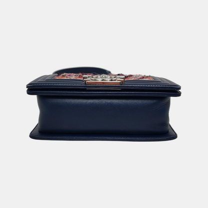 CHANEL BOY CHANEL Small Size Dark Blue Tweed Quilted V Pattern Crossbody Bag with Silver Hardware 24 Compartments Removable Shoulder Strap-(SKU)-946050754
