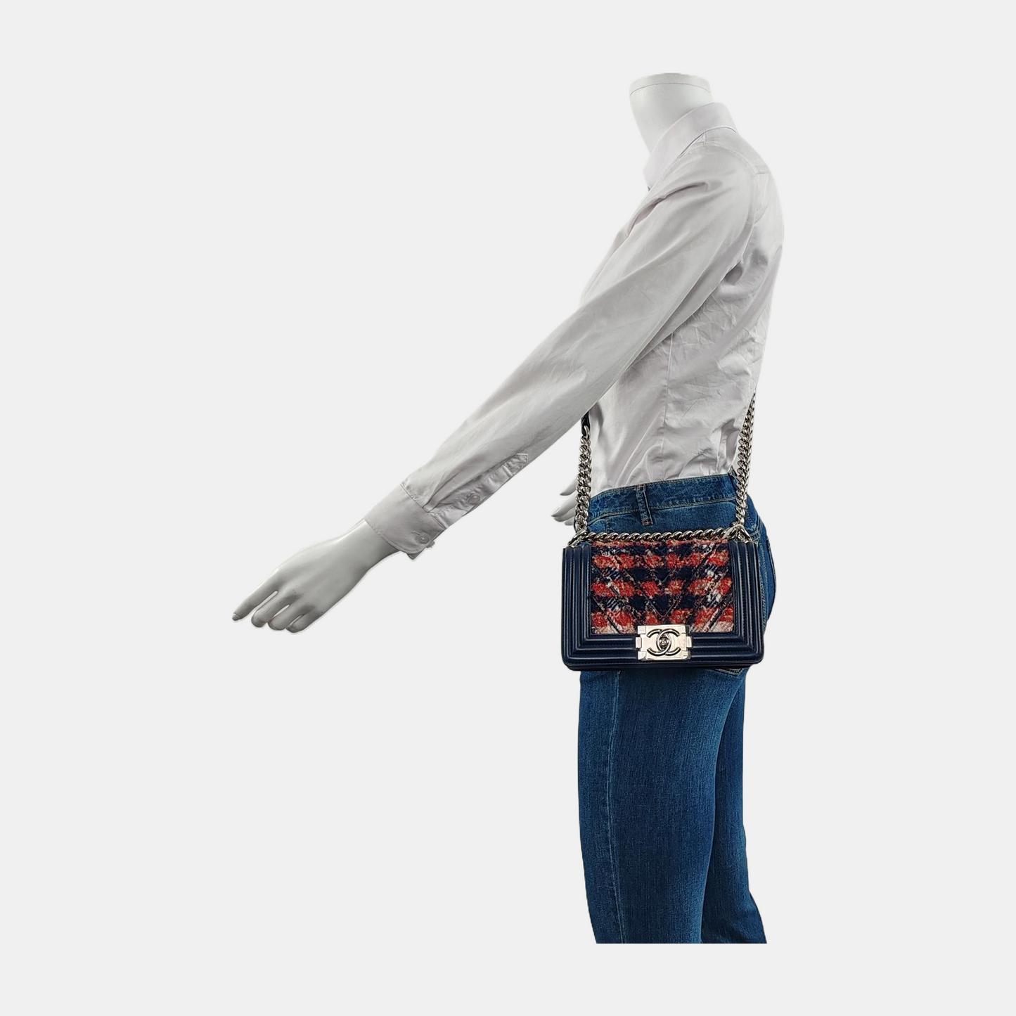 CHANEL BOY CHANEL Small Size Dark Blue Tweed Quilted V Pattern Crossbody Bag with Silver Hardware 24 Compartments Removable Shoulder Strap-(SKU)-946050754
