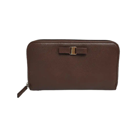 FERRAGAMO Vara Dark Brown Leather Embossed Wallet Silver Hardware-(SKU)-943942165