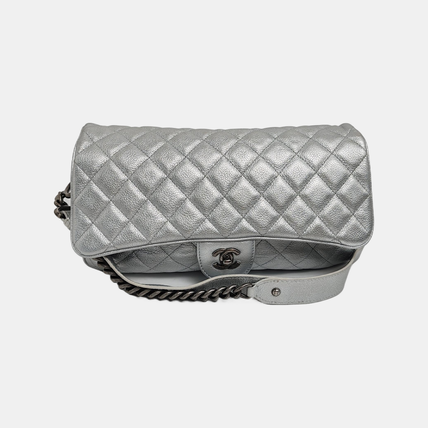 CHANEL CLASSIC FLAP Silver Calfskin Quilted Shoulder Bag with Palladium Hardware, 22 compartments-(SKU)-946659877