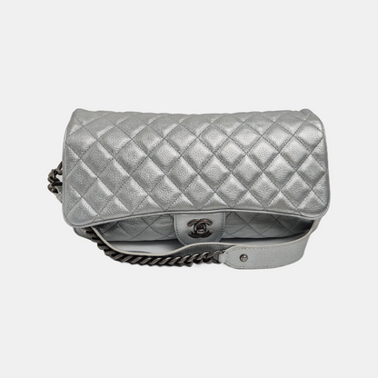 CHANEL CLASSIC FLAP Silver Calfskin Quilted Shoulder Bag with Palladium Hardware, 22 compartments-(SKU)-946659877