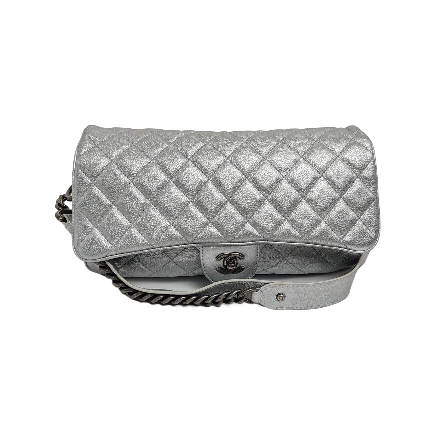 CHANEL CLASSIC FLAP Silver Calfskin Quilted Shoulder Bag with Palladium Hardware, 22 compartments-(SKU)-946659877