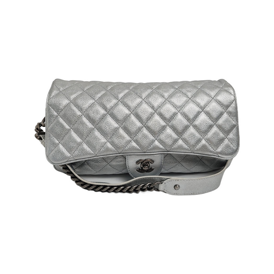 CHANEL CLASSIC FLAP Silver Calfskin Quilted Shoulder Bag with Palladium Hardware, 22 compartments-(SKU)-946659877
