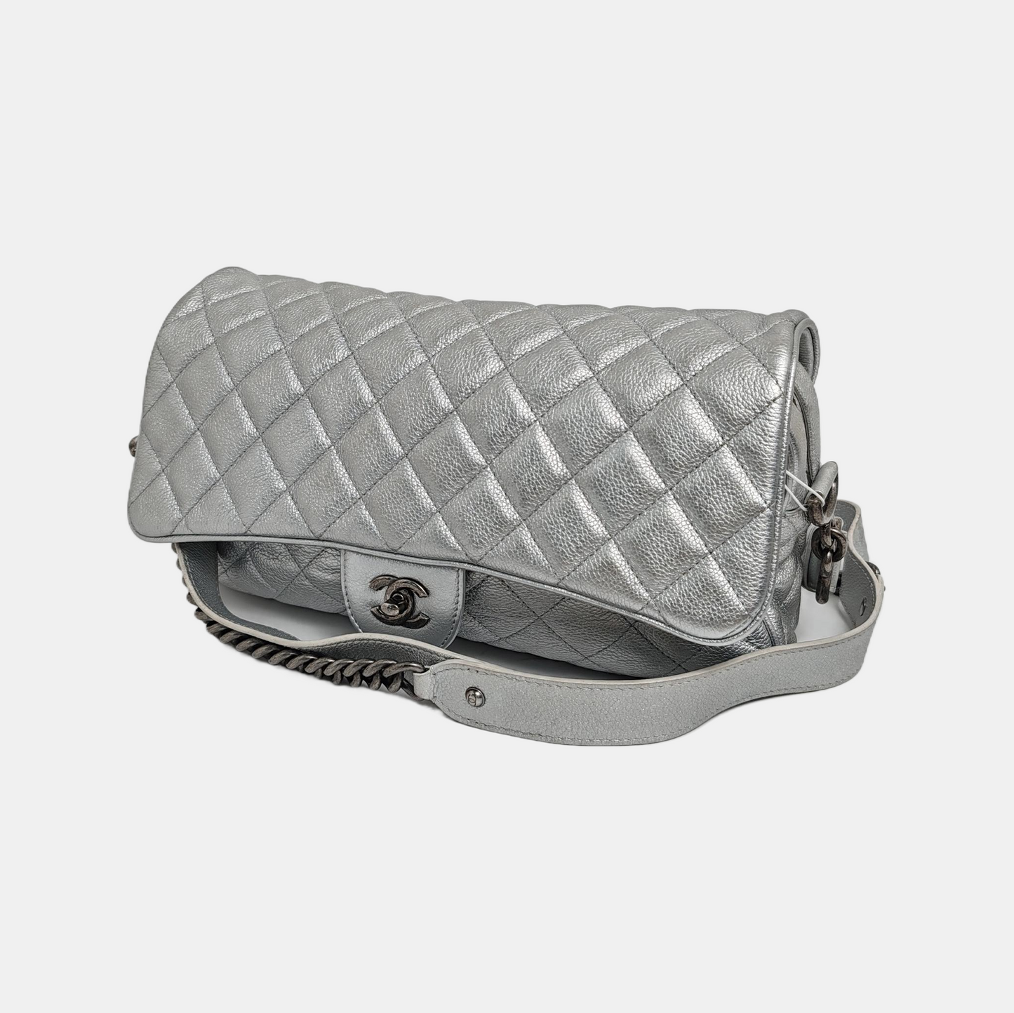 CHANEL CLASSIC FLAP Silver Calfskin Quilted Shoulder Bag with Palladium Hardware, 22 compartments-(SKU)-946659877