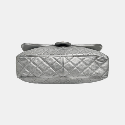 CHANEL CLASSIC FLAP Silver Calfskin Quilted Shoulder Bag with Palladium Hardware, 22 compartments-(SKU)-946659877