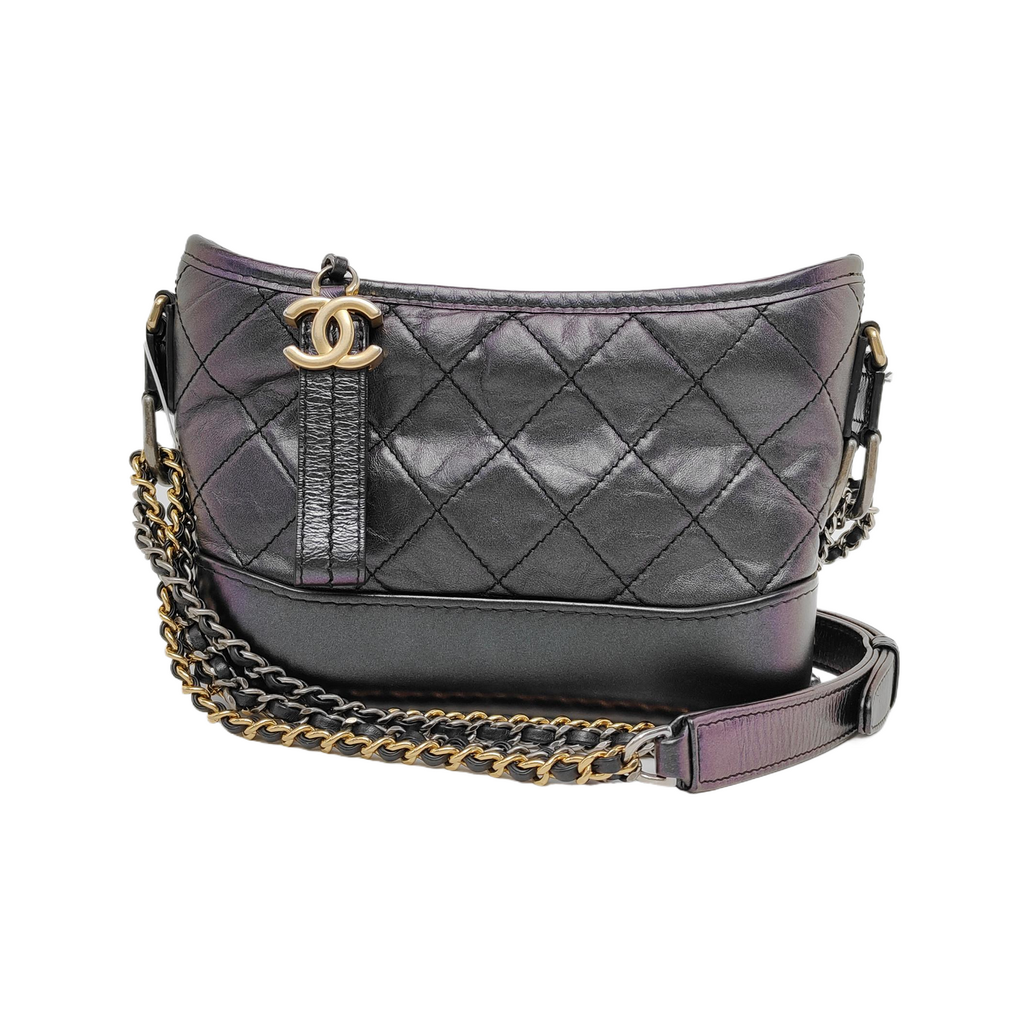 CHANEL GABRIELLE Small Size Radiant Calfskin Quilted Diagonal Bag, Shoulder Bag, Crossbody with Detachable Strap, Golden, Silver, and Ruthenium-Colored Hardware, 27 Clasps-(SKU)-946512946