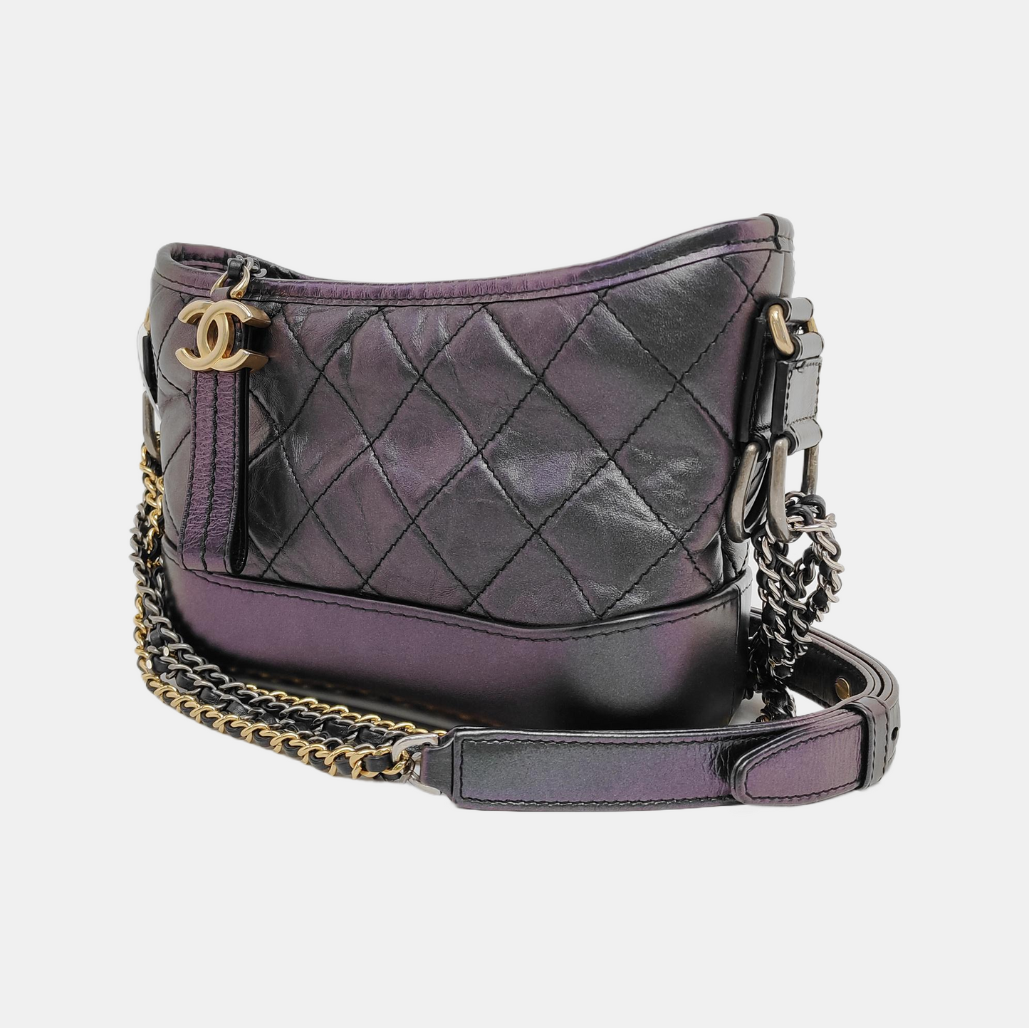 CHANEL GABRIELLE Small Size Radiant Calfskin Quilted Diagonal Bag, Shoulder Bag, Crossbody with Detachable Strap, Golden, Silver, and Ruthenium-Colored Hardware, 27 Clasps-(SKU)-946512946