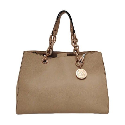 MICHAEL KORS Cynthia Medium size Champagne Leather Stamped Single Shoulder Bag Handbag Crossbody Bag Rose Gold Hardware Removable shoulder strap-(SKU)-939079795