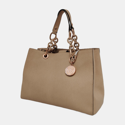 MICHAEL KORS Cynthia Medium size Champagne Leather Stamped Single Shoulder Bag Handbag Crossbody Bag Rose Gold Hardware Removable shoulder strap-(SKU)-939079795