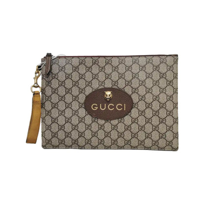GUCCI Neo Vintage Khaki Coated Canvas Monogram Tiger Head Bag Clutch Golden hardware-(SKU)-946504003