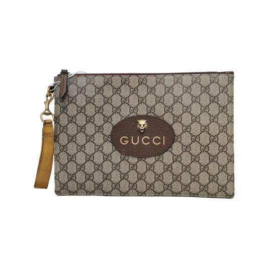 GUCCI Neo Vintage Khaki Coated Canvas Monogram Tiger Head Bag Clutch Golden hardware-(SKU)-946504003