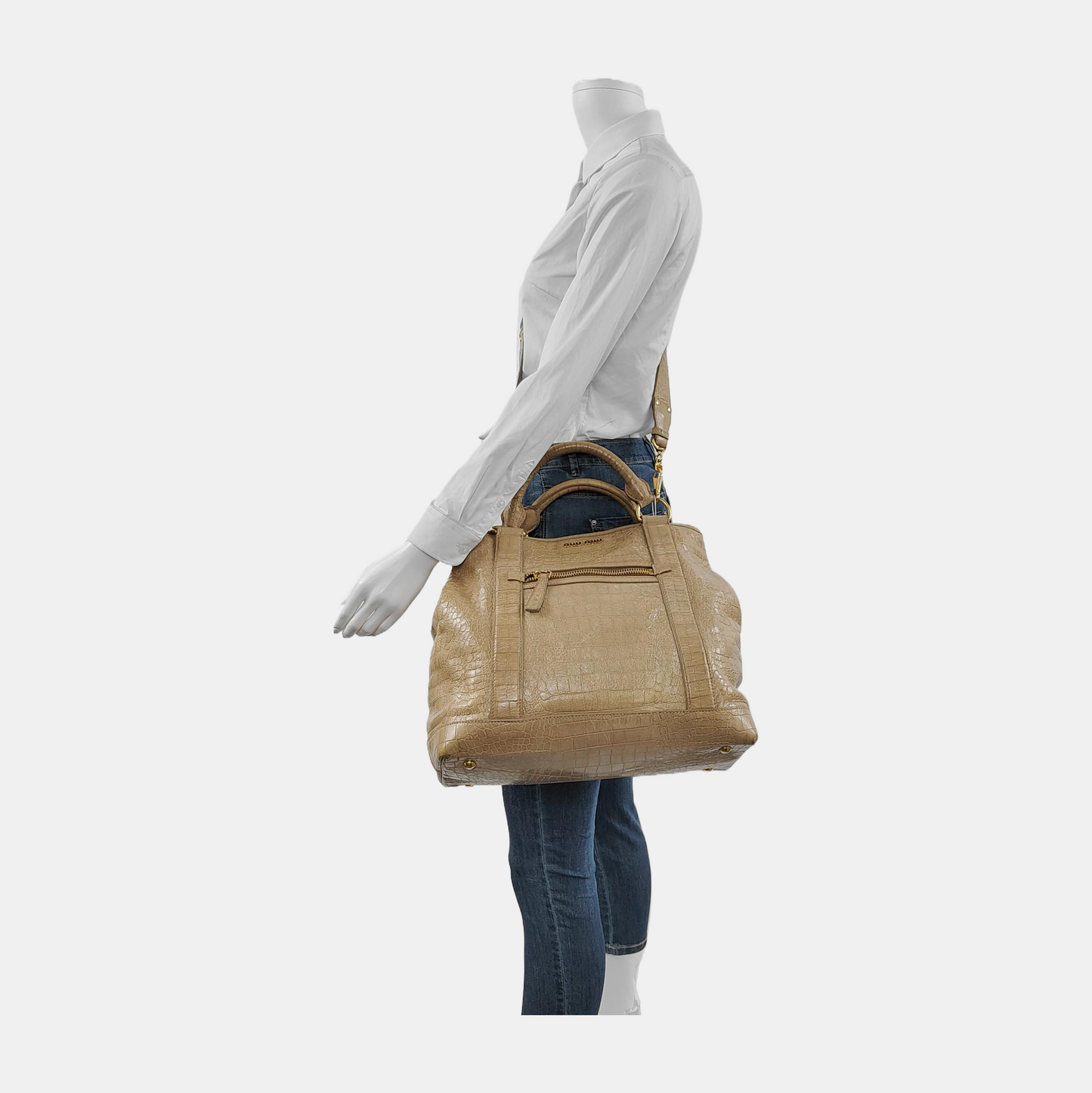 Miu Miu Tote bag Khaki Cowhide Crocodile Pattern Single Shoulder Bag Tote Bag Crossbody Golden hardware Removable shoulder strap-(SKU)-947097579