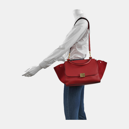 CELINE TRAPEZE Small size Red Leather Swing Bag Single Shoulder Bag Handbag Crossbody Golden hardware Removable shoulder strap-(SKU)-947188995