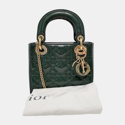 DIOR Lady Dior Mini Dark Green Patent Lamb Skin Quilted Diaper Bag 3-Compartment Shoulder Bag Tote Bag Crossbody Bag Golden Hardware Removable Strap-(SKU)-947300557