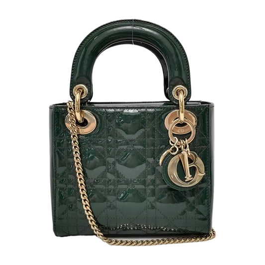 DIOR Lady Dior Mini Dark Green Patent Lamb Skin Quilted Diaper Bag 3-Compartment Shoulder Bag Tote Bag Crossbody Bag Golden Hardware Removable Strap-(SKU)-947300557