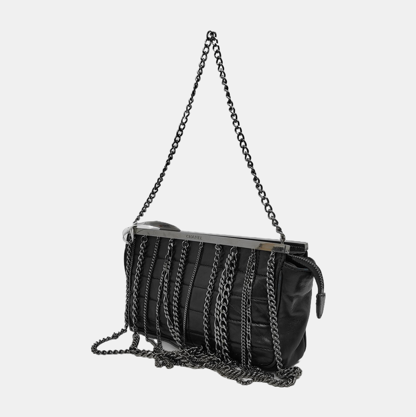 CHANEL CHOCOLATE BAR Black Lamb Skin Quilted Shoulder Bag, Handbag with Silver Hardware, 8 compartments-(SKU)-946413331