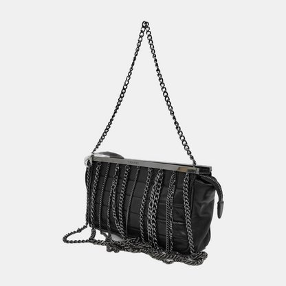 CHANEL CHOCOLATE BAR Black Lamb Skin Quilted Shoulder Bag, Handbag with Silver Hardware, 8 compartments-(SKU)-946413331