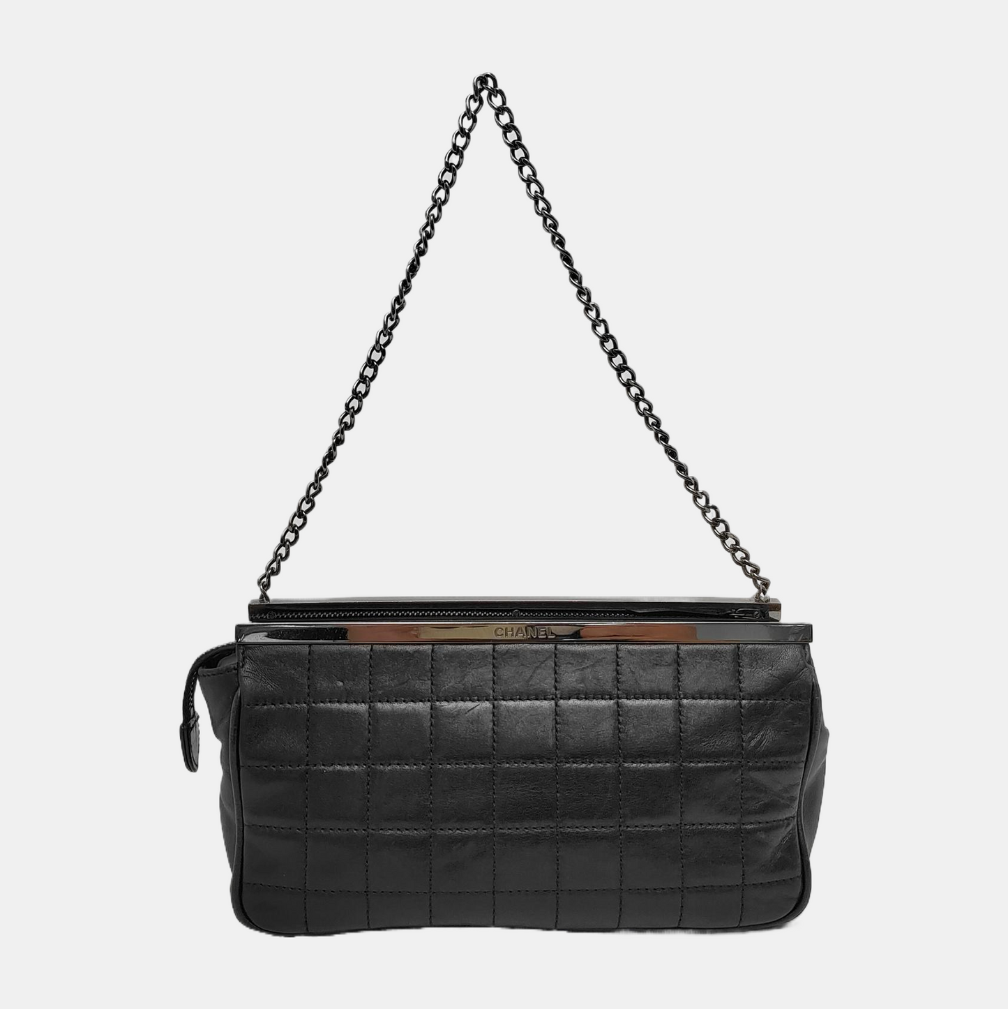 CHANEL CHOCOLATE BAR Black Lamb Skin Quilted Shoulder Bag, Handbag with Silver Hardware, 8 compartments-(SKU)-946413331